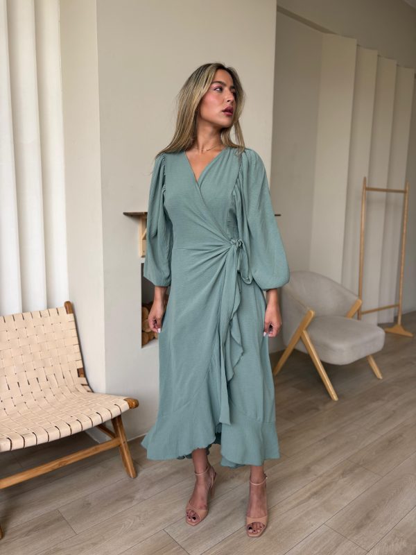 שמלת מקסי מעטפת וולן ירוק זית