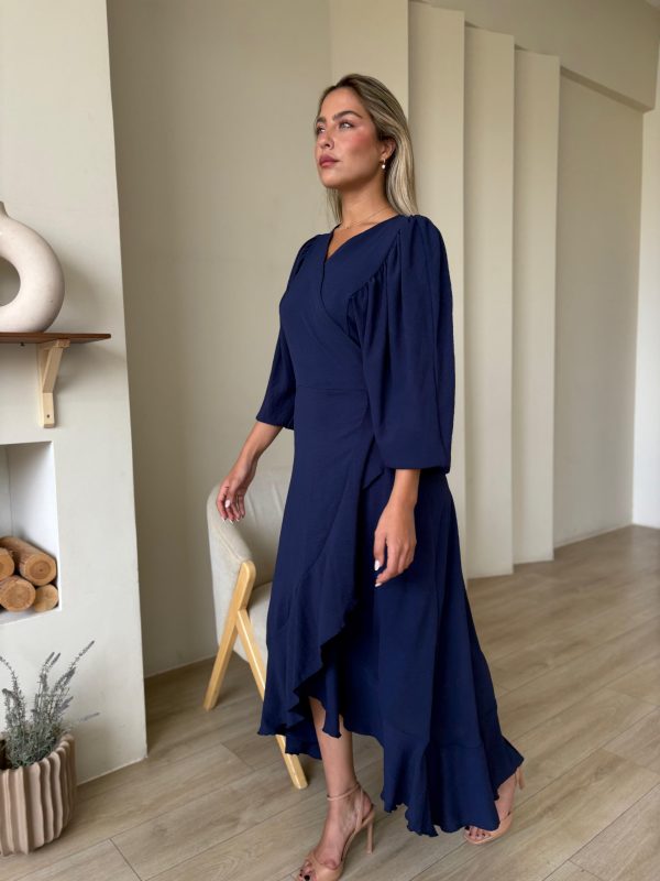 שמלת מקסי מעטפת וולן כחול נייבי