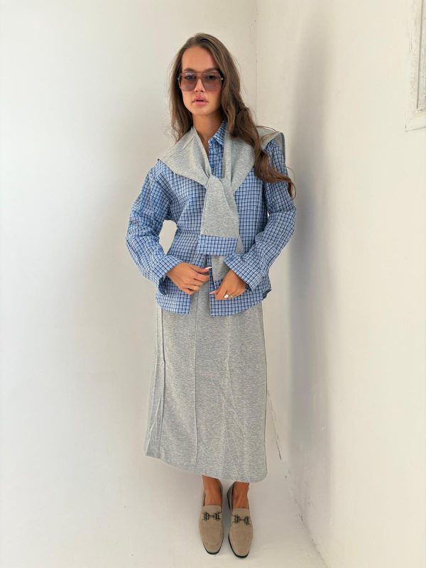 חליפת חצאית חולצת משבצות שילוב אפור