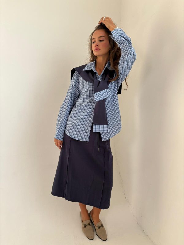 חליפת חצאית חולצת משבצות שילוב כחול