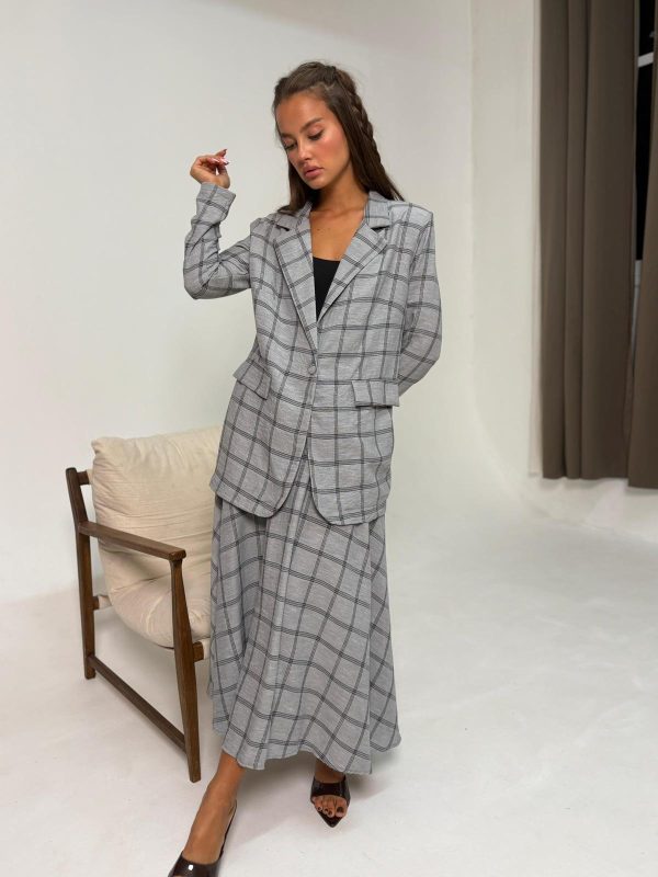 חליפת חצאית אובר סייז משבצות אפור מלנג'