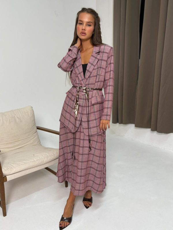 חליפת חצאית אובר סייז משבצות בורדו מלנג'