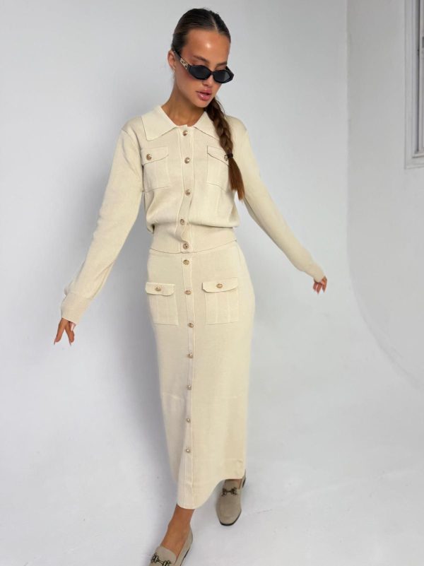 חליפת חצאית סריג כיסים אבן