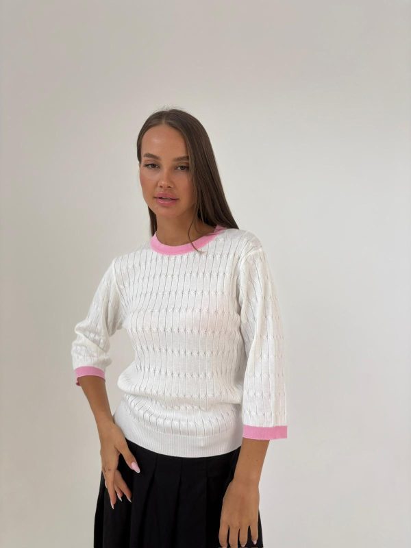 חולצת סריג ניקי לבן שילוב ורוד