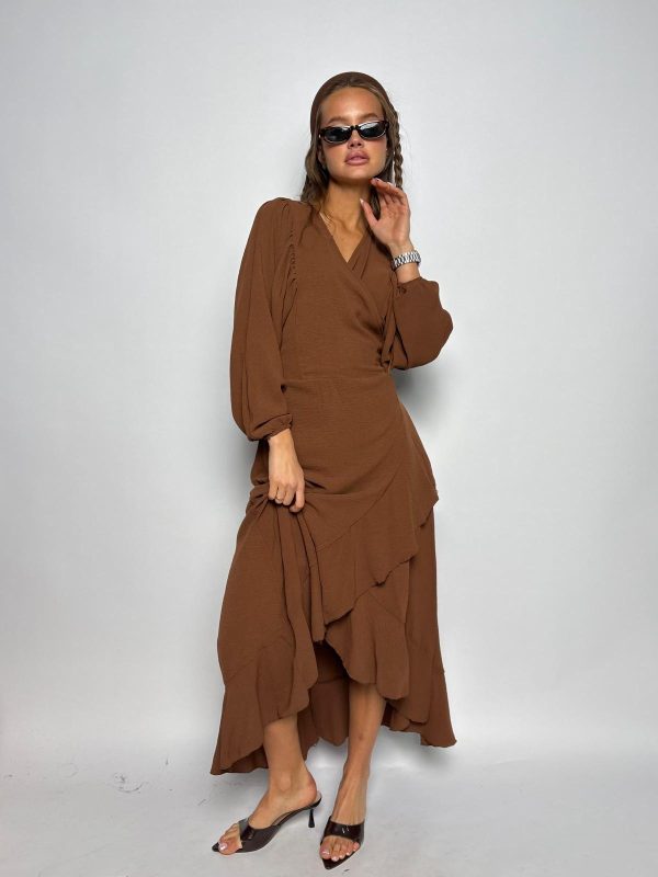 שמלת מקסי מעטפת וולן חום