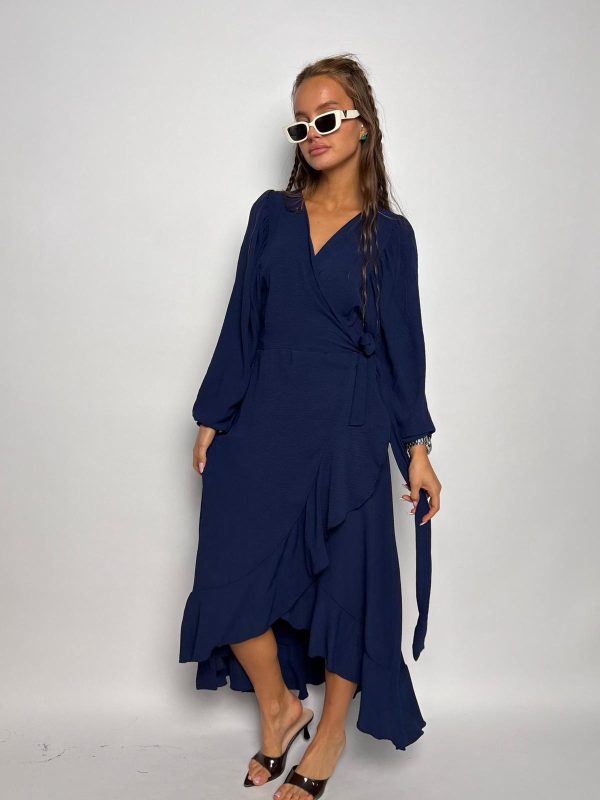 שמלת מקסי מעטפת וולן כחול נייבי