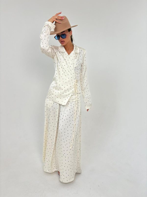 חליפת חצאית סאטן נקודות מעטפת אלגנט לבן