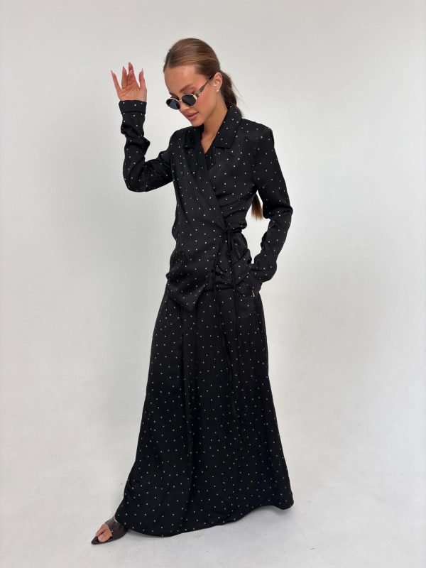 חליפת חצאית סאטן נקודות מעטפת אלגנט שחור